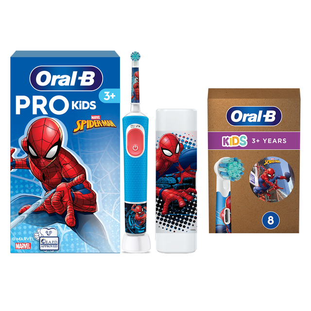 Oral B Pro Kids Spiderman Electric Toothbrush + Travel Case + 8 Toothbrush Heads