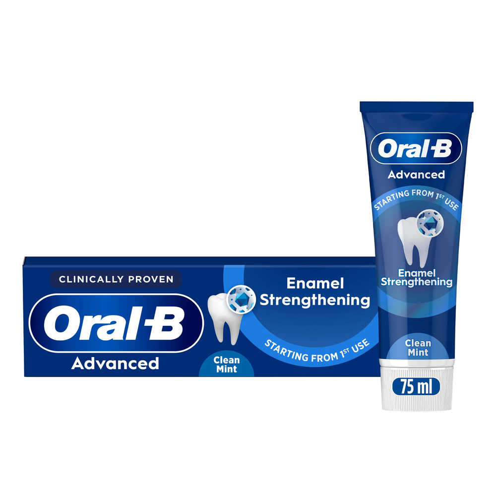 Oral-B Advanced toothpaste, both tube and box, highlighting Enamel Strengthening starting from 1st use.