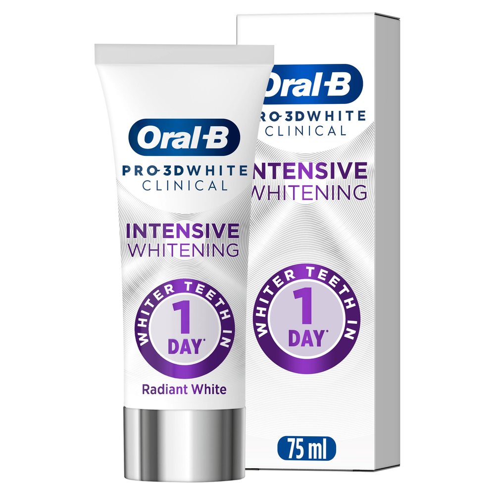 Oral-B Pro 3D White Clinical Intensive Whitening toothpaste and box, highlighting "Whiter Teeth in 1 Day".