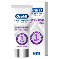 Oral-B Pro 3D White Clinical Intensive Whitening toothpaste and box, highlighting "Whiter Teeth in 1 Day".
