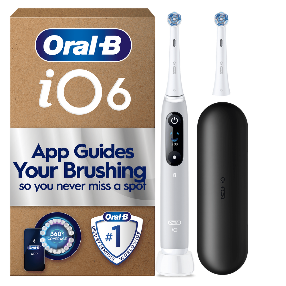 Oral-B iO6 toothbrush packaging, highlighting App Guides Your Brushing so you never miss a spot.