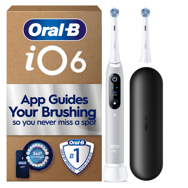 Oral-B iO6 toothbrush packaging, highlighting App Guides Your Brushing so you never miss a spot.