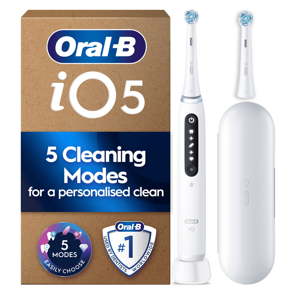 Oral-B iO5 electric toothbrush packaging, highlighting 5 Cleaning Modes for a personalised clean.