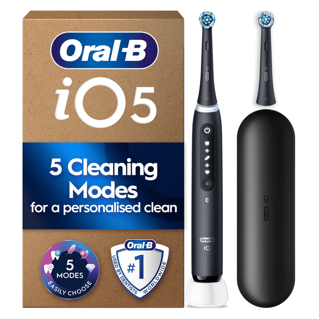Oral-B iO5 electric toothbrush, brush head, travel case, and packaging highlighting 5 Cleaning Modes for a personalised clean.