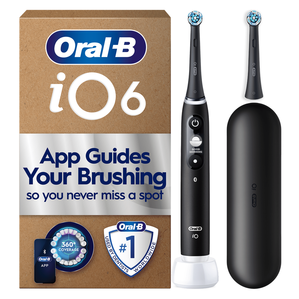 Oral-B iO6 toothbrush packaging, highlighting App Guides Your Brushing so you never miss a spot.