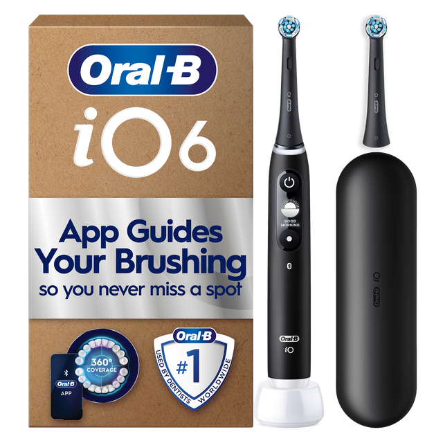Oral-B iO6 toothbrush packaging, highlighting App Guides Your Brushing so you never miss a spot.