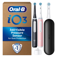 Oral-B iO3 toothbrush packaging highlighting the 360 visible pressure sensor for gum protection, and two toothbrushes with a travel case.