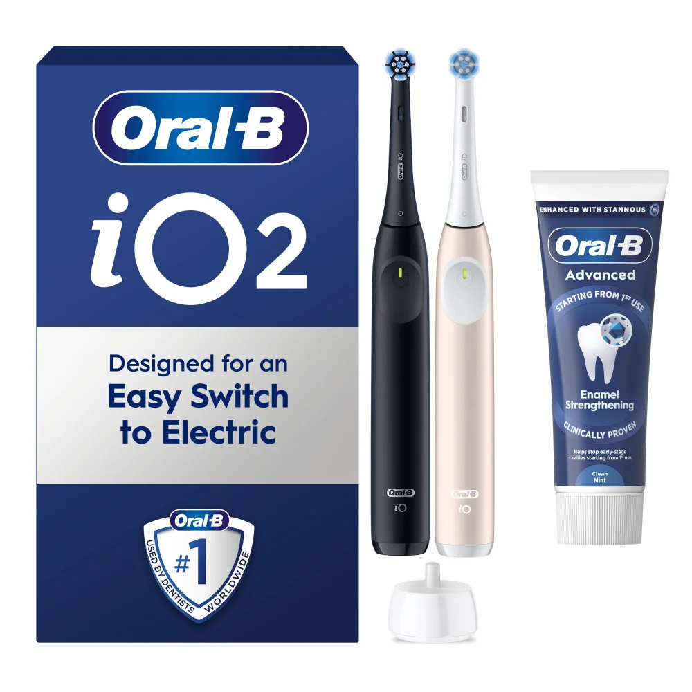 Oral B iO2 Night Black & Calm Pink Electric Toothbrush Duo + Toothpaste Image 1