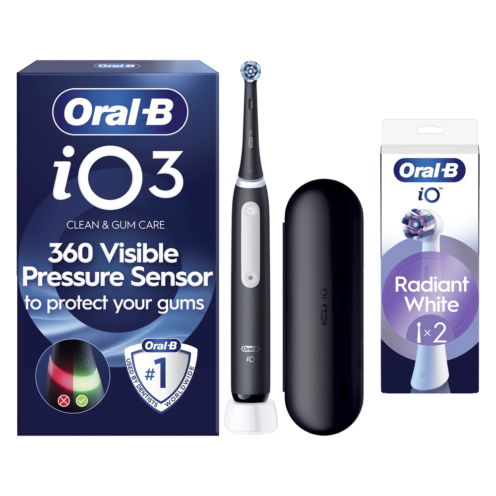 Oral B iO3 Matt Black with Travel Case +2 Brush Heads (Radiant White)