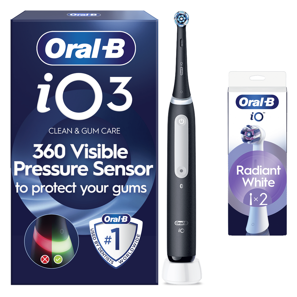 Oral B iO3 Matte Black Electric Toothbrush +2 Brush Heads (Radiant White)