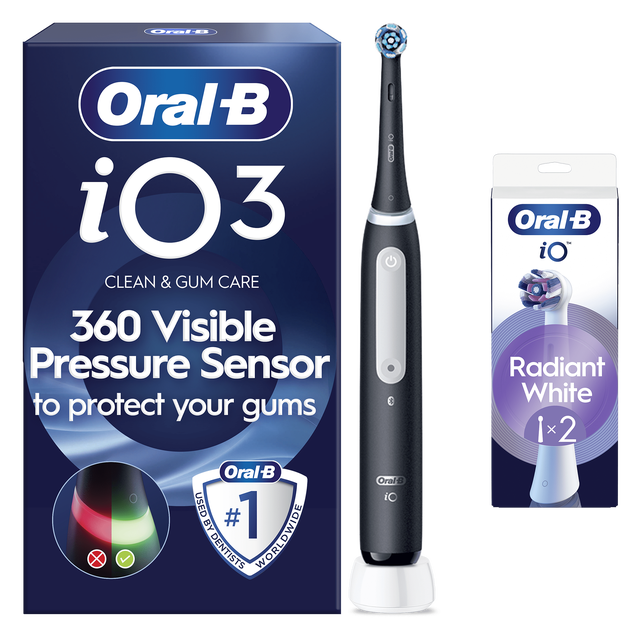 Oral-B iO3 Matt Black Electric Toothbrush + 2 Toothbrush Heads (Radiant White)