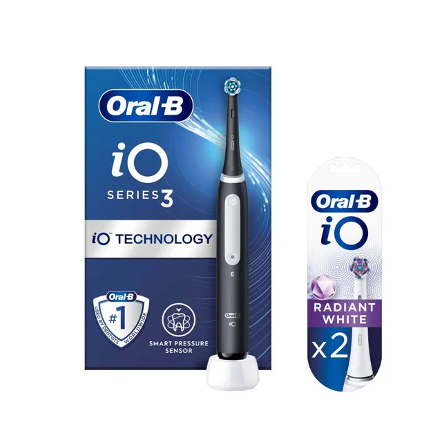 Oral B iO3 Matte Black Electric Toothbrush +2 Refills (Radiant White)