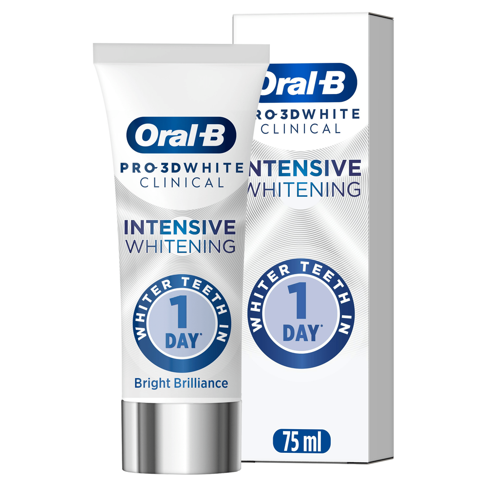 Oral-B Pro 3D White Clinical Intensive Whitening toothpaste tube and box, highlighting "Whiter Teeth in 1 Day".