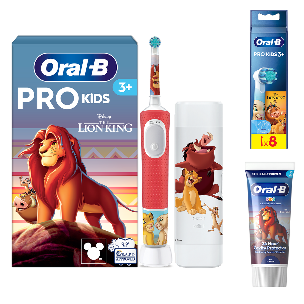 Oral B Pro Kids Lion King Electric Toothbrush + Travel Case + 8 Toothbrush Heads + Toothpaste