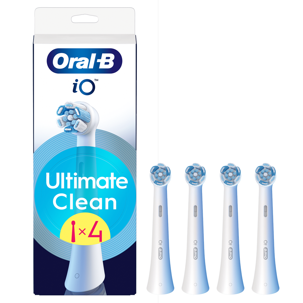 Oral-B iO Ultimate Clean replacement brush heads, pack of 4, shown with retail packaging.
