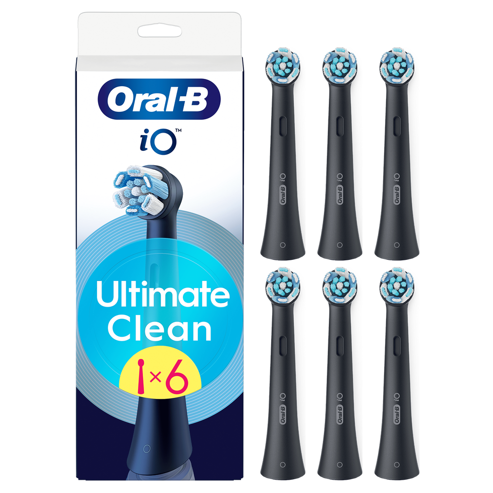Oral-B iO Ultimate Clean brush head replacement packaging, showing six black brush heads for ultimate cleaning.
