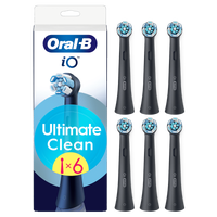 Oral-B iO Ultimate Clean brush head replacement packaging, showing six black brush heads for ultimate cleaning.