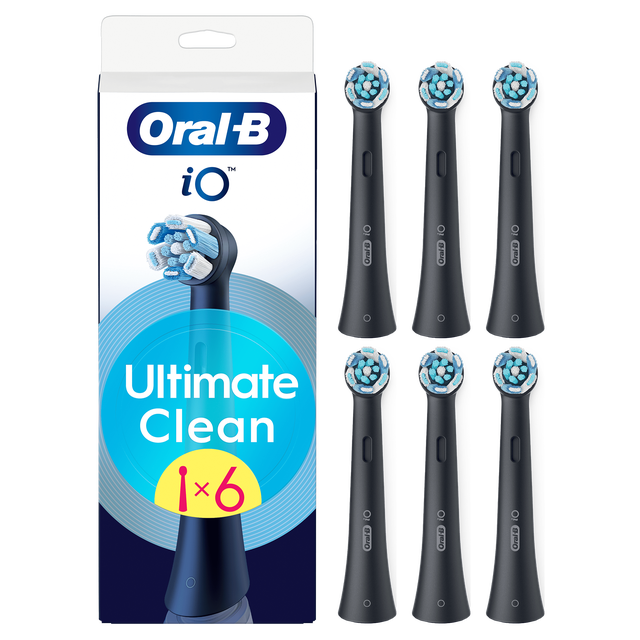 Oral-B iO Ultimate Clean brush head replacement packaging, showing six black brush heads for ultimate cleaning.