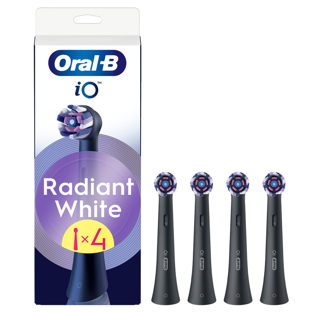 Oral-B iO Radiant White brush head replacement packaging, showing four black brush heads.