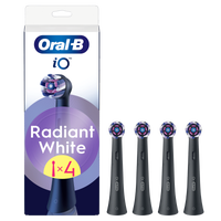 Oral-B iO Radiant White brush head replacement packaging, showing four black brush heads.