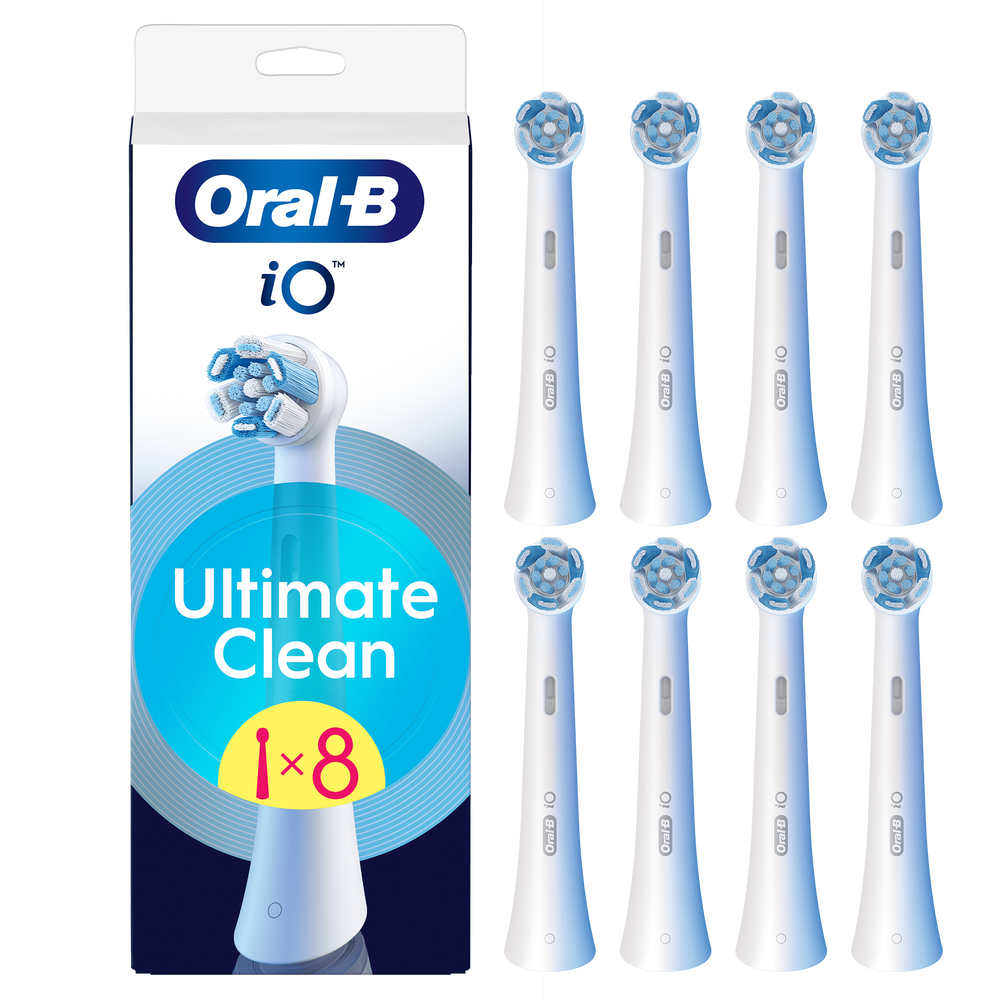 Oral-B iO Ultimate Clean replacement brush heads, pack of 8, as shown on the product packaging.