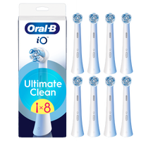 Oral-B iO Ultimate Clean replacement brush heads, pack of 8, as shown on the product packaging.