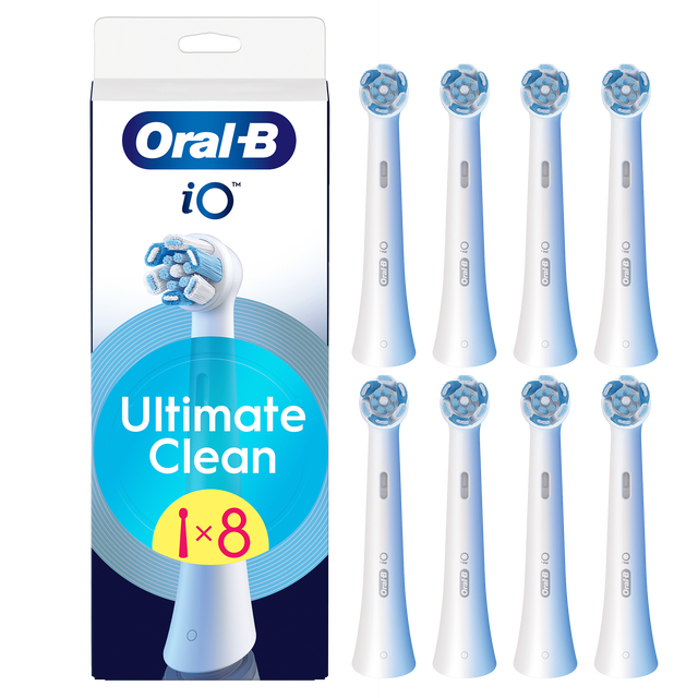 Oral-B iO Ultimate Clean replacement brush heads, pack of 8, as shown on the product packaging.