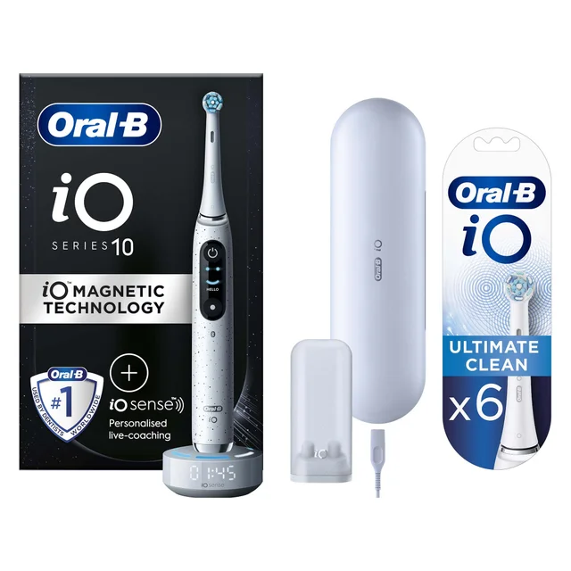 Oral B iO10 Stardust White Electric Toothbrush with Charging Travel Case +6 Refills