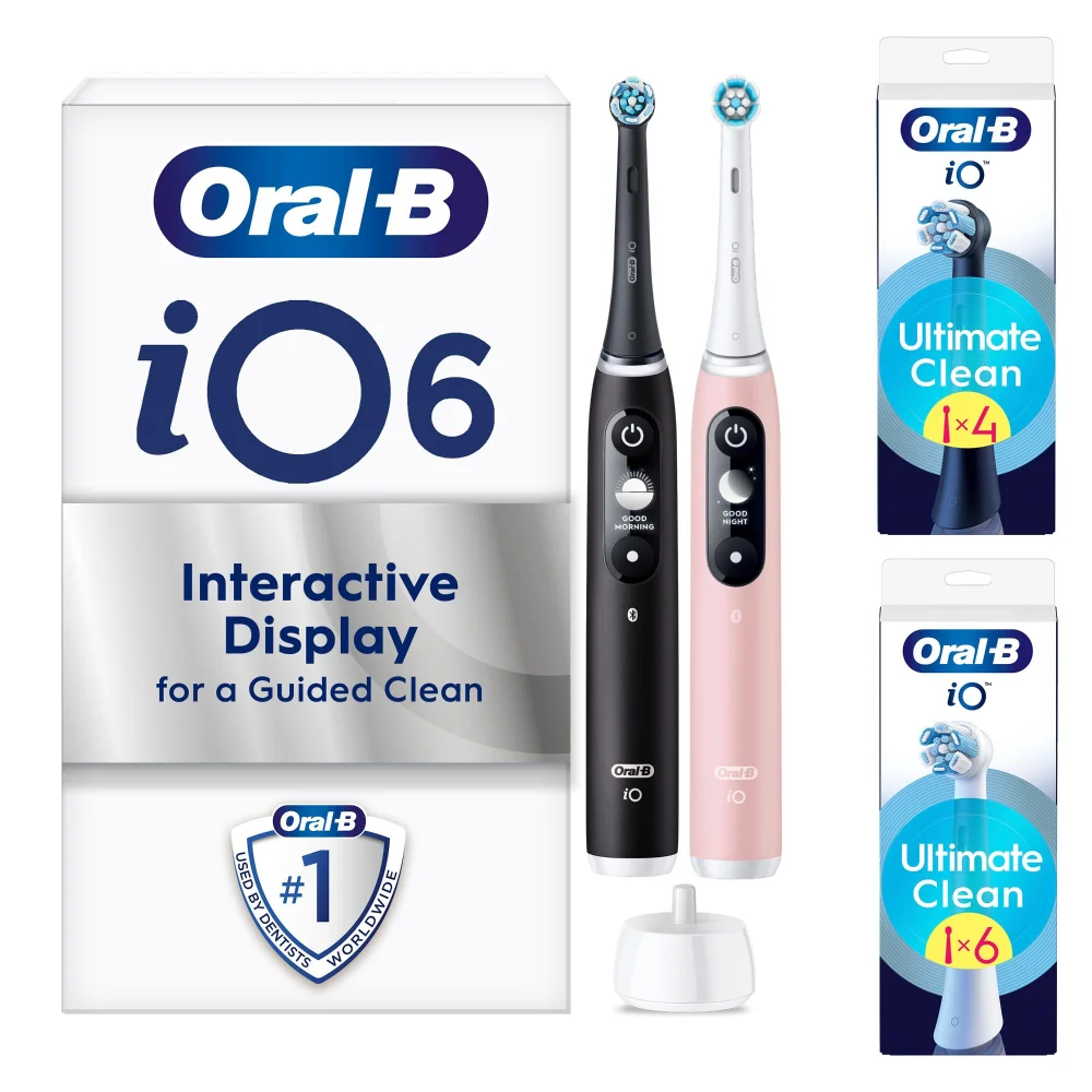 Oral B iO6 Duo Pack of Two Electric Toothbrushes, Black Lava & Pink Sand +10 Refills Image 1
