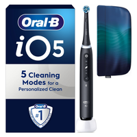 Oral-B iO5 electric toothbrush shown with packaging highlighting 5 cleaning modes for a personalized clean, and travel case.