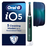 Oral-B iO5 toothbrush shown with packaging highlighting 5 cleaning modes for a personalized clean, plus travel case.