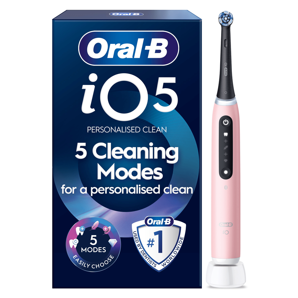 Oral-B iO5 electric toothbrush and packaging, highlighting its 5 Cleaning Modes for a personalised clean.