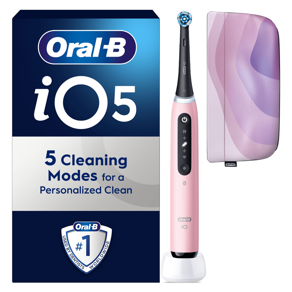 Oral-B iO5 toothbrush, packaging highlights "5 Cleaning Modes for a Personalized Clean," and includes a pink travel case.