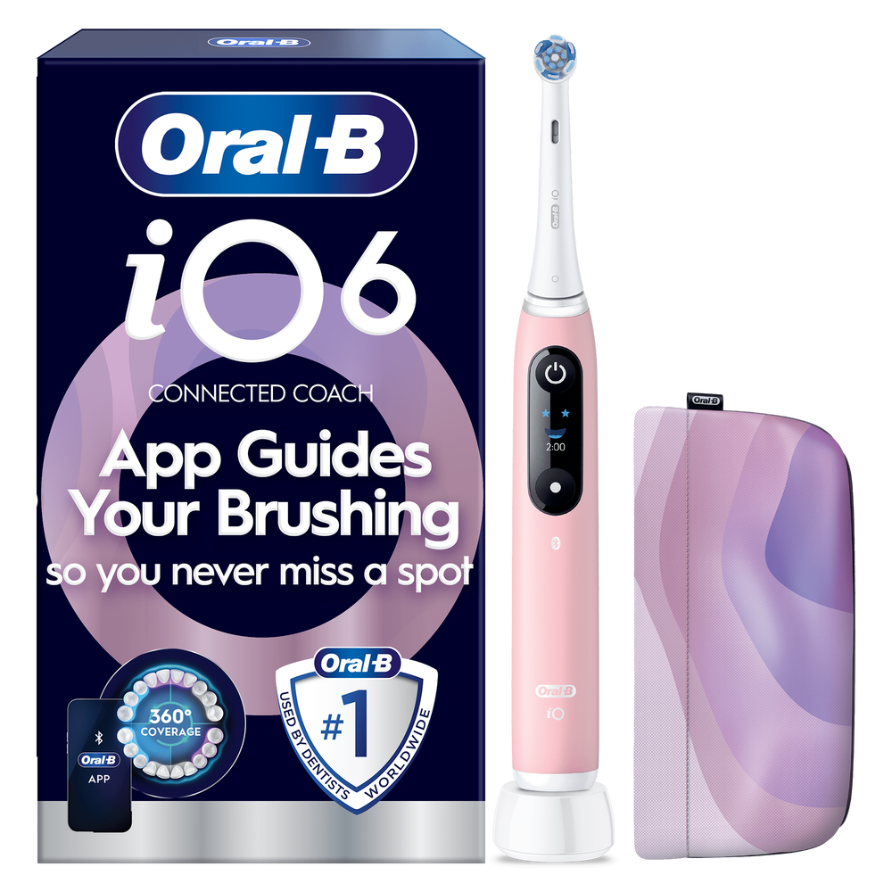 Oral-B iO6 toothbrush packaging, highlighting App Guides Your Brushing so you never miss a spot.