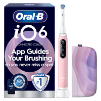 Oral-B iO6 toothbrush packaging, highlighting App Guides Your Brushing so you never miss a spot.