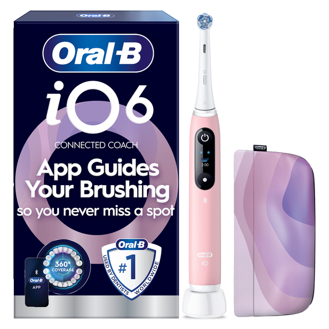 Oral-B iO6 toothbrush packaging, highlighting App Guides Your Brushing so you never miss a spot.