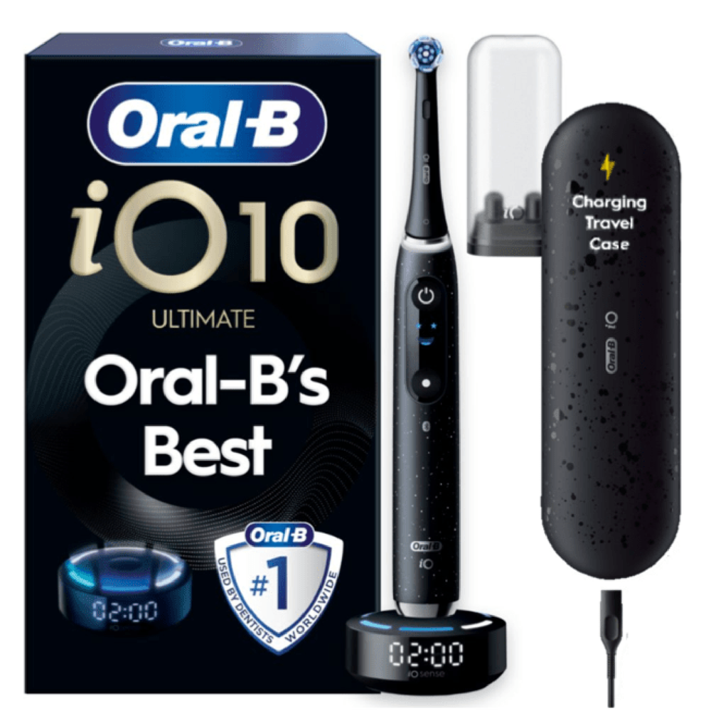 Oral-B iO10 Ultimate electric toothbrush, charging travel case, and #1 Used by Dentists worldwide badge.