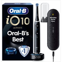 Oral-B iO10 Ultimate electric toothbrush, charging travel case, and #1 Used by Dentists worldwide badge.