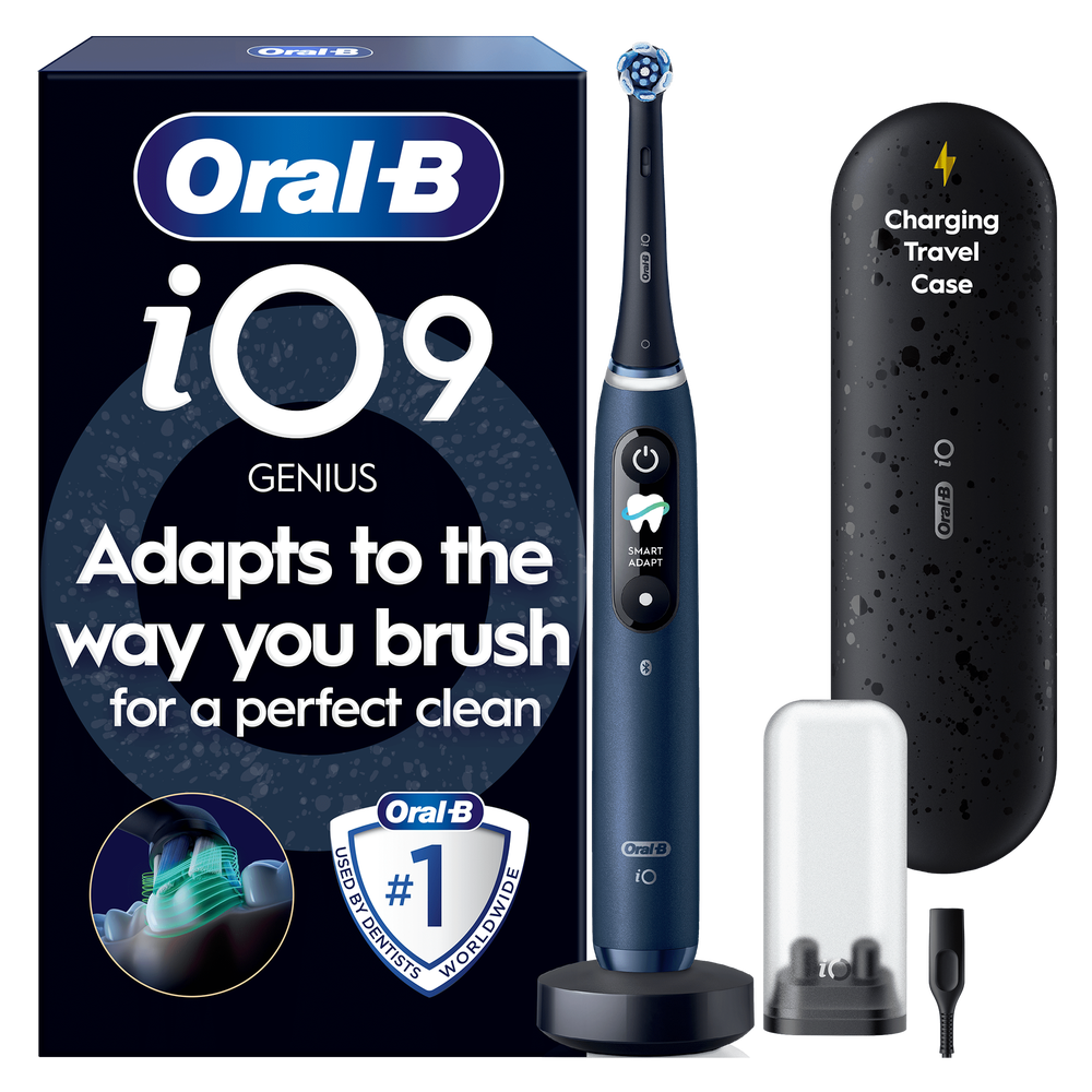 Oral-B iO9 Genius electric toothbrush and packaging, highlighting Adapts to the way you brush for a perfect clean.