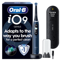 Oral-B iO9 Genius electric toothbrush and packaging, highlighting Adapts to the way you brush for a perfect clean.