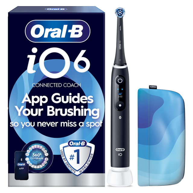 Oral-B iO6 toothbrush packaging, highlighting App Guides Your Brushing so you never miss a spot.