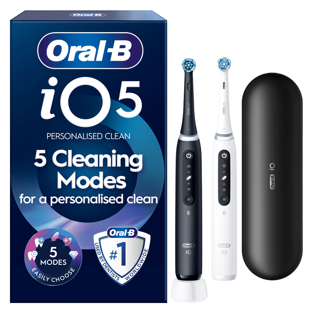 Oral-B iO5 electric toothbrushes, black and white versions, with packaging highlighting 5 Cleaning Modes for a personalised clean.