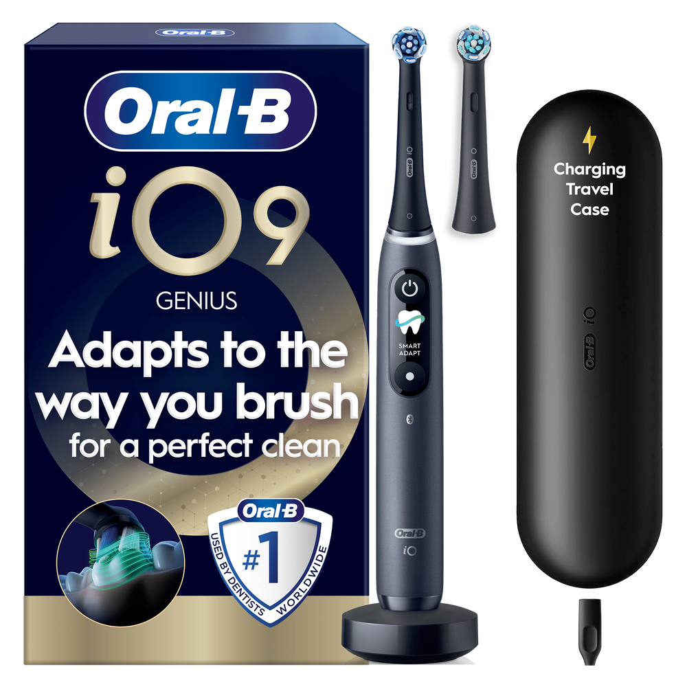 Oral-B iO Series 9 electric toothbrush with magnetic technology packaging, charging base, travel case, and brush head.