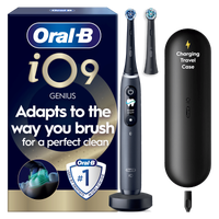 Oral-B iO Series 9 electric toothbrush with magnetic technology packaging, charging base, travel case, and brush head.