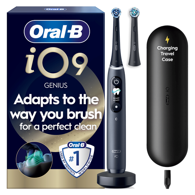 Oral-B iO Series 9 electric toothbrush with magnetic technology packaging, charging base, travel case, and brush head.