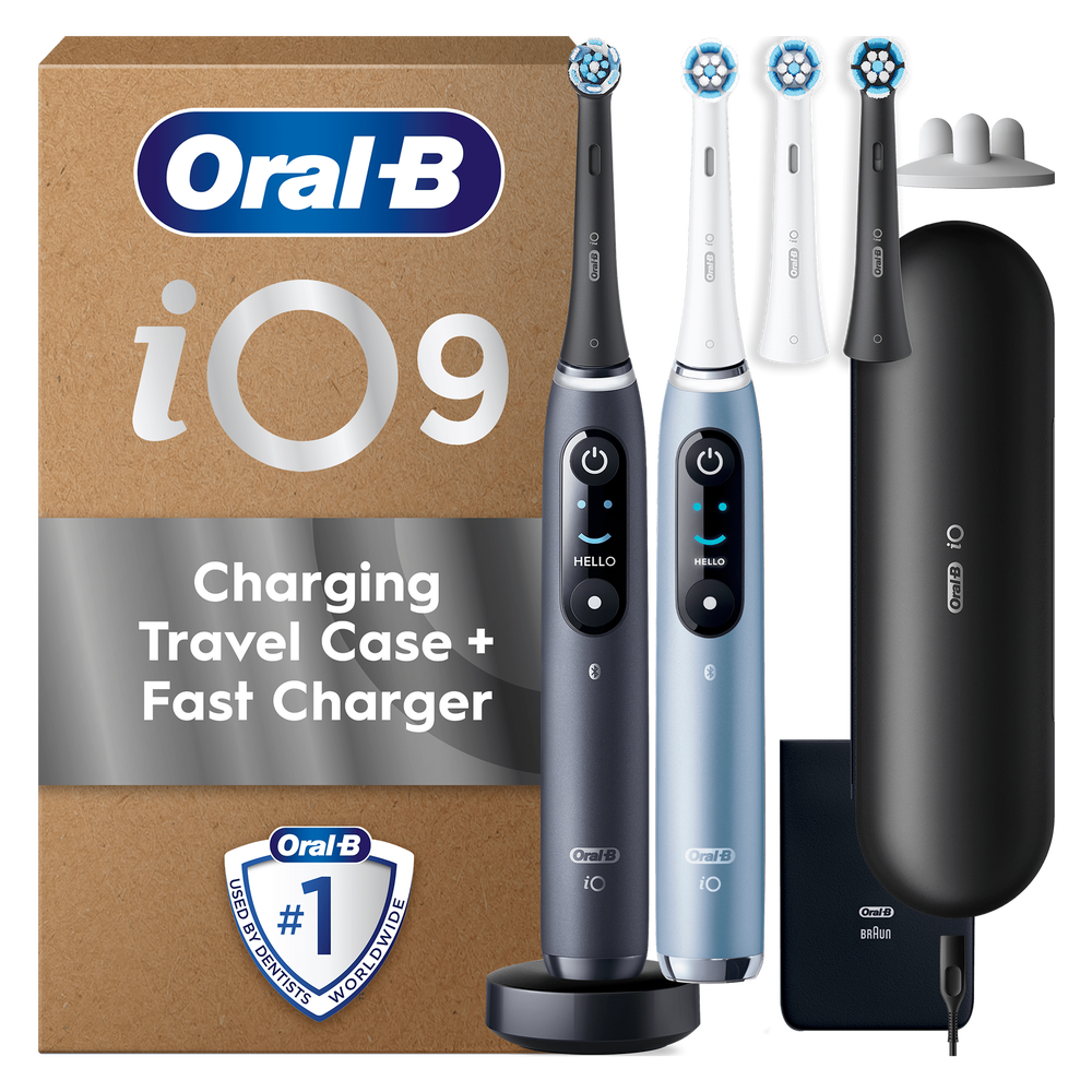 Oral-B iO9 toothbrush packaging showcasing charging travel case and fast charger, as well as "Used by dentists #1 Worldwide".