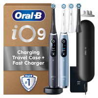 Oral-B iO9 toothbrush packaging showcasing charging travel case and fast charger, as well as "Used by dentists #1 Worldwide".