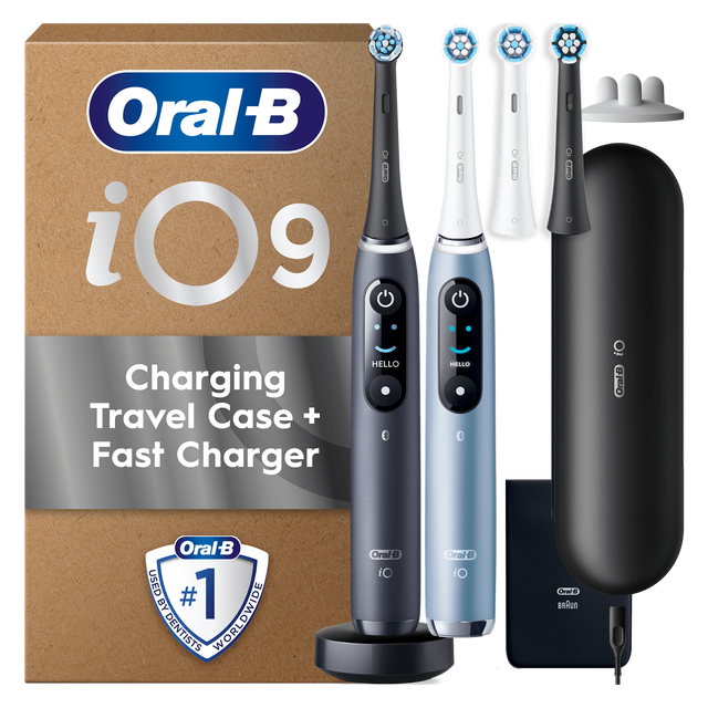 Oral-B iO9 toothbrush packaging showcasing charging travel case and fast charger, as well as "Used by dentists #1 Worldwide".