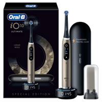Oral-B iO 10 Ultimate Lunar Gold toothbrush with charging travel case and smart charging base.