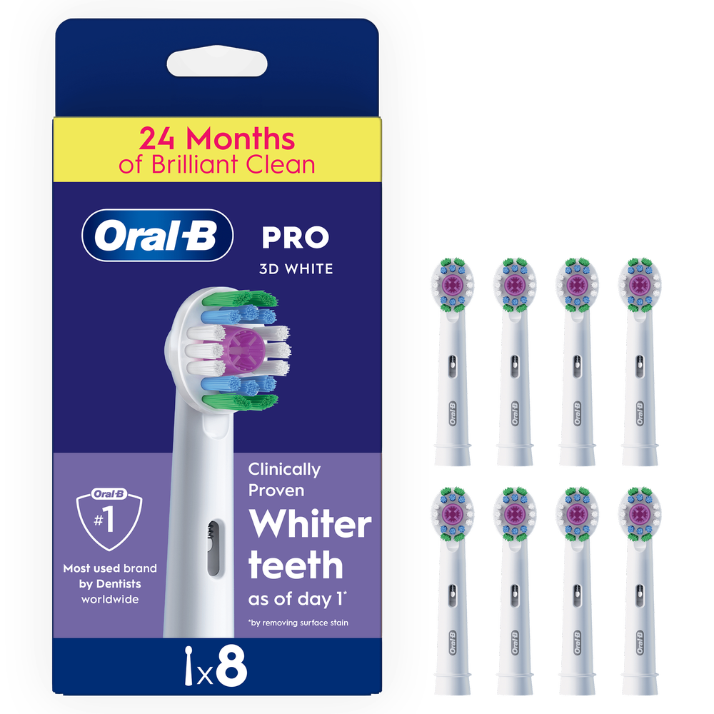Oral-B PRO 3D White brush head refills, pack of 8, promising 24 months of brilliant clean.